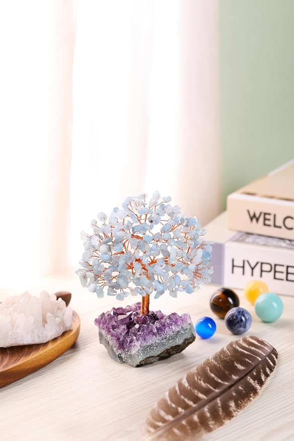 Jovivi Natural Aquamarine Healing Crystal Money Tree on Amethyst Cluster Geode Druzy Base Feng Shui Crystals for Home Office Desk Decorations, Wealth, Good Luck