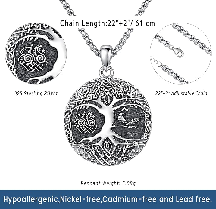Eusense Viking Necklace for Men Women 925 Sterling Silver Pendant Thors Hammer/Norse Runes/Odin's Ravens/Wolf/Dragon/Snake/Yggdrasil/Freya/Helm of Awe/Valknut/Triskelion/Axe/Shield Viking Jewelry