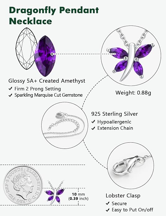 925 Sterling Silver Birthstone Necklaces for Women, Dainty Cute Dragonfly/Butterfly Pendant Necklace, Great Christmas/Anniversary Jewelry for Mother
