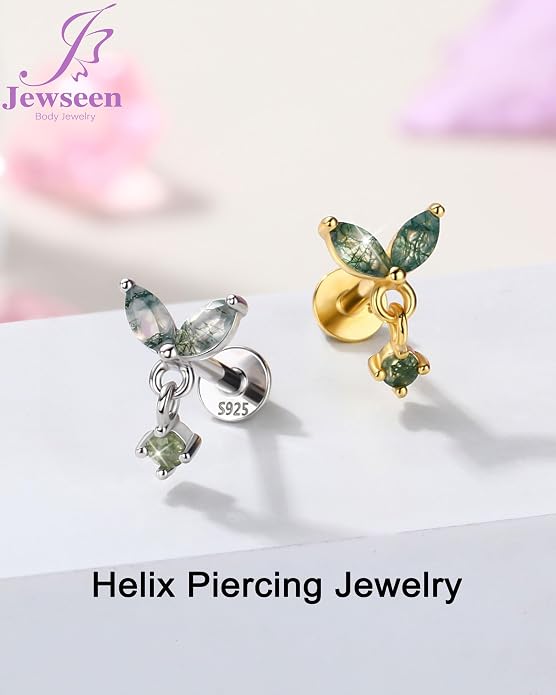 Jewseen Celtic knot&Butterfly Moss Agate Stud Earrings Dangle Internal Threaded Flat Back 16g 8mm Hypoallergenic 925 Sterling Silver Piercing Jewelry for Cartilage Lip Conch Tragus Helix