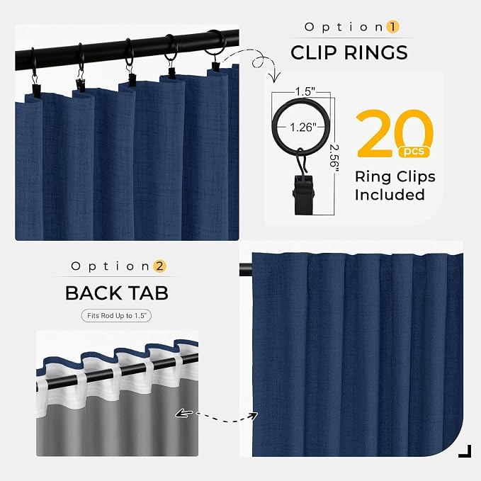 INOVADAY 100% Blackout Curtains for Bedroom, Navy Blue Black Out Curtains 72 Inch Long, Clip Rings Linen Blackout Drapes, Thermal Insulated Room Darkening for Living Room, 2 Panels - W50xL72