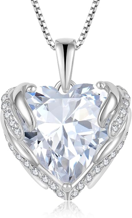 Angel Wings Necklace for Women 925 Sterling Silver Cubic Zirconia Love Heart Birthstone Pendant Necklaces