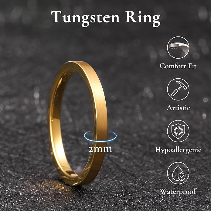 King Will Basic Gold/Rose Gold/Brown Plated Tungsten Wedding Band for Men/Women, 2mm/4mm/6mm/8mm/10mm/12mm Width Band Rings, Pipe Cut Matte Brushed Finish Cigar Band Ring Comfort Fit