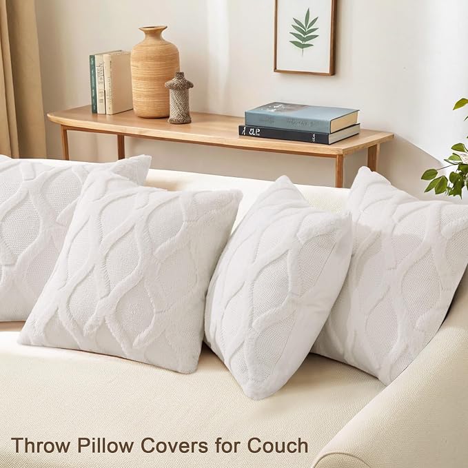decorUhome Set of 4 Faux Fur Cream White Throw Pillow Covers 18x18 | Neutral Decorative Soft Plush Couch Pillow Covers, Farmhouse Pillow Cases for Living Room Bed Sofa