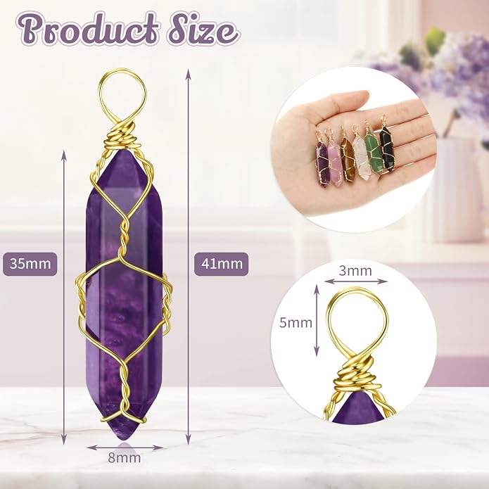 Sureio 18 Pieces Natural Healing Crystal Pendant Hexagonal Pointed Wire Wrapped Gemstone Quartz Pendant with Wire Wrapped Gemstone for Necklace Jewelry Making