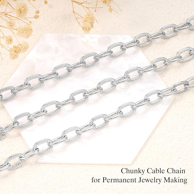 GTVOODX 9.8 Feet Silver Cable Chains Stainless Steel Chunky Textured Oval Link Chain Spool Bulk for DIY Jewelry Making Necklace Bracelet