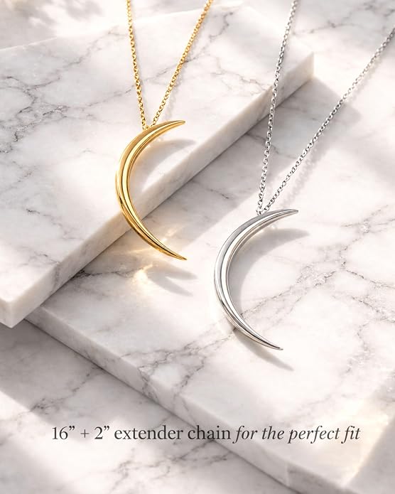 Sterling Silver Crescent Moon Necklace for Women - 925 Silver or 14k Gold Plated Silver, Half Moon Pendant Necklace for Women - 16-18 Inch Adjustable Chain