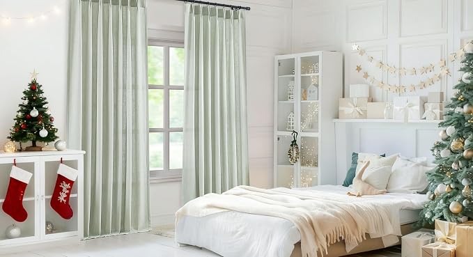 Vision Home Soft Green Pinch Pleated Semi Sheer Curtains Textured Linen Blended Light Filtering Window Curtains 102 inch for Living Room Bedroom Pinch Pleat Drapes with Hooks 2 Panels 40" Wx102 L