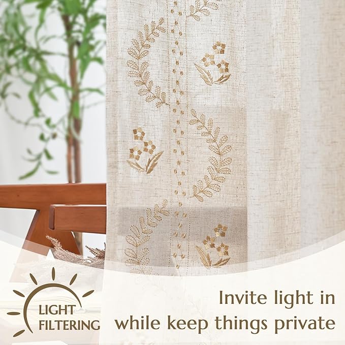 jinchan Floral Linen Curtains 84 Inch Farmhouse Back Tab 2 Panels Beige | Embroidered curtains,boho curtains,living room,bedroom,light filtering,privacy,flower patterned drapes,window treatment