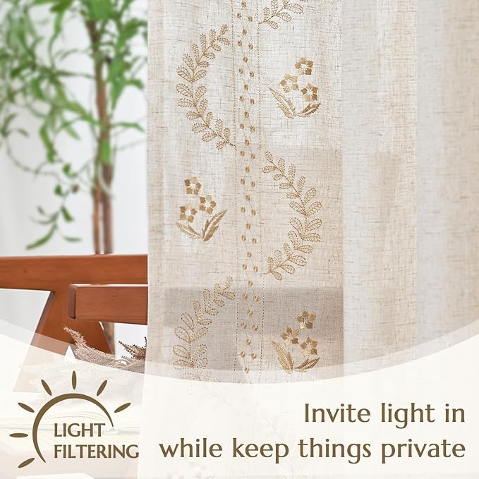jinchan Floral Linen Curtains 90 Inch Farmhouse Back Tab 2 Panels Beige | Embroidered curtains,boho curtains,living room,bedroom,light filtering,privacy,flower patterned drapes,window treatment