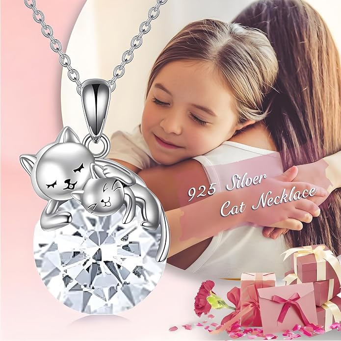 Cat Necklace Sterling Silver Cat Zircon Pendant Gothic Jewelry for Women Animal Lovers Gifts