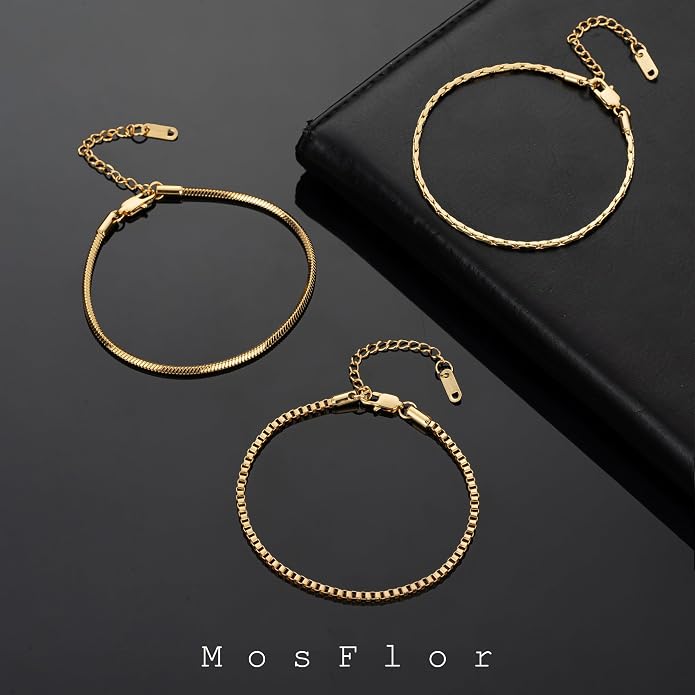 Gold Bracelets for Men Trendy - Dainty Gold Plated Stainless Steel Snake Link Bracelet Stack Rope Figaro Herringbone Chain Bracelets Set Adjustable Cuban Link Bracelet for Men Birthday Gifts for Man