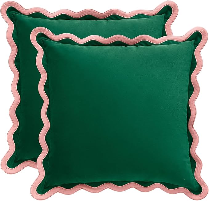 MONDAY MOOSE Decorative Throw Pillow Covers Cushion Cases, Set of 2 Soft Velvet Scalloped Wavy Edge Designs, Mix and Match for Home Decor, Pillow Inserts Not Included (20x20 inch, Pink/Green)