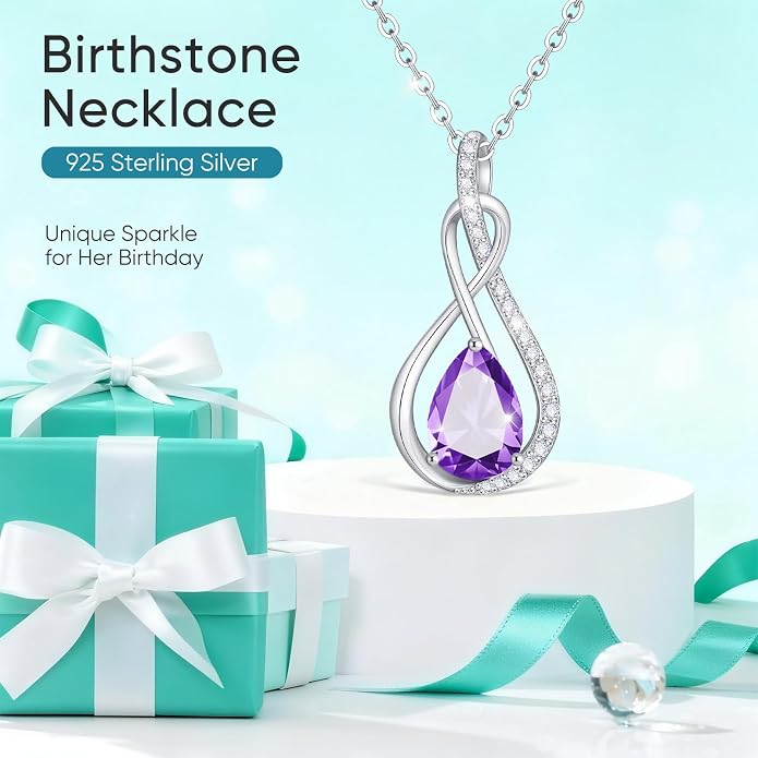 Birthstone Necklaces for Women Mothers - 925 Sterling Silver Dainty Infinity Cubic Zirconia Pendant Necklace Anniversary Birthday Christmas Gifts for Her Wife Mom Lady Daughter, Adjustable Chain