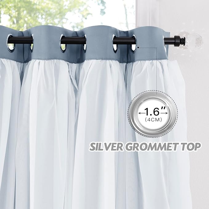 PONY DANCE Ruffle Curtains Double Layers Sheer Overlay Elegant Decoration for French Country Rustic Design Window Covering with Tiebacks, 52" Wide x 95" Long, Pigeon Blue, 2 Panels