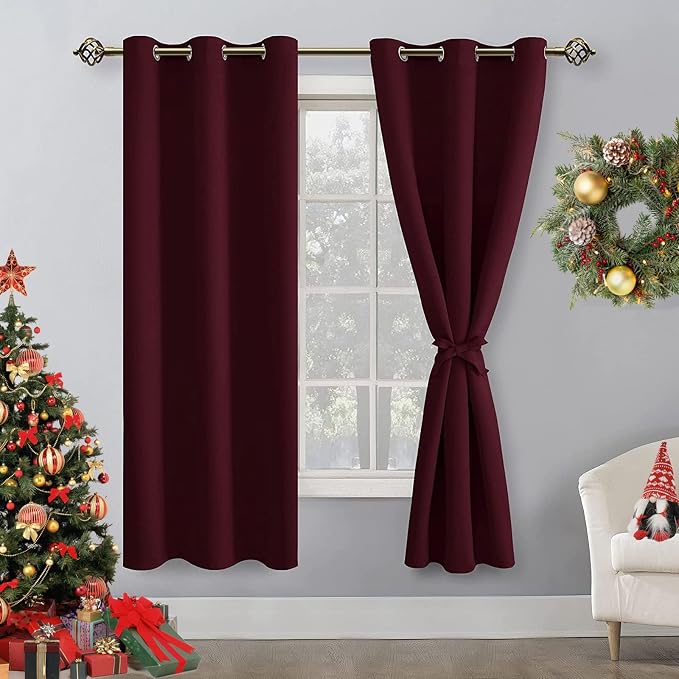 Hiasan Blackout Curtains for Bedroom, 42 x 63 Inches Length - Thermal Insulated & Light Blocking Window Curtains for Living Room Christmas Decor, 2 Drape Panels Sewn with Tiebacks, Burgundy