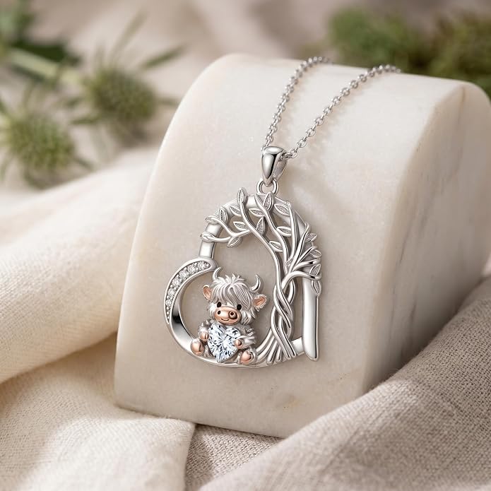 PELOVNY Teddy Bear Necklace for Women 925 Sterling Silver Bear/Highland Cow/Fox/Cat/Axolotl Birthstone Necklace Christmas Birthday Jewelry Gifts for Mom Daughter Wife Sister