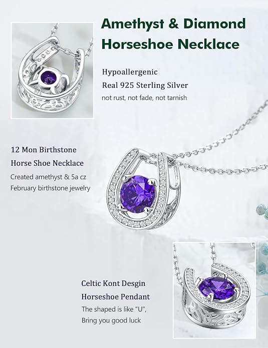 925 Sterling Silver Horseshoe Necklace for Women Round Gemstone Birthstone Necklace Sapphire/Emerald/Ruby/CZ Horse Shoe Pendant Necklaces Jewelry Gift