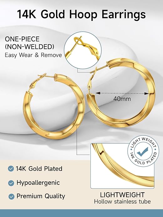 Stainless Steel Chunky Hoop Earrings For Women, Minimalist and Chic, Black/Gold Plated, Round Hoops Earrings Hypoallergenic, Size: 30mm/40mm/60mm/80mm, Come with Box