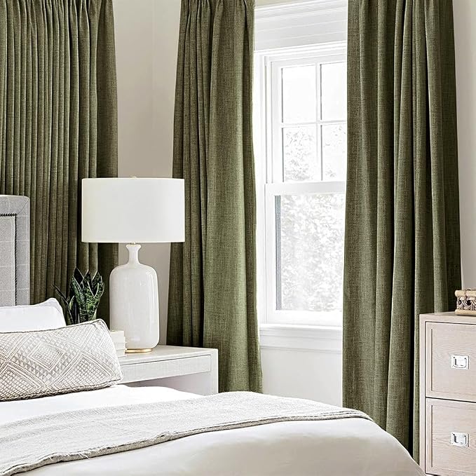 MIULEE Linen Texture Curtains for Bedroom Solid 100% Blackout Thermal Insulated Light Olive Green Curtains Grommet Room Darkening Drapes for Living Room 52x54 Inch (2 Panels)
