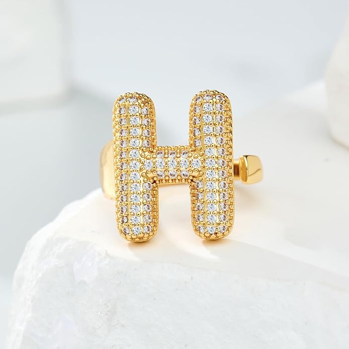 Cicy Bell Initial Rings for Women 14k Gold Plated Cubic Zirconia Delicate Letter Chunky Statement Open Rings Gifts for Her