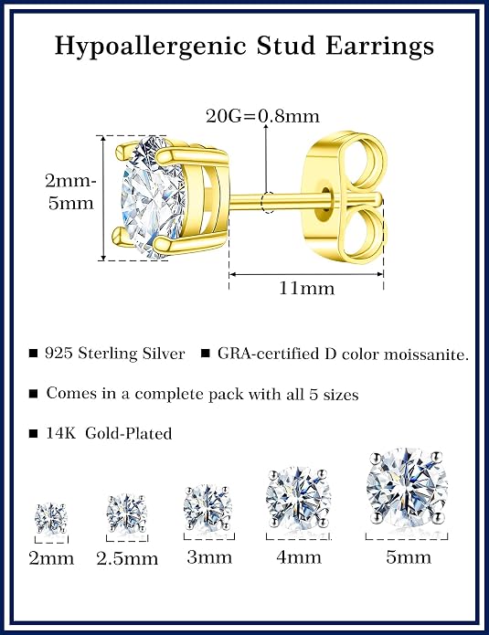 5 Pairs Moissanite Sterling Silver Stud Earrings Set for Women, Hypoallergenic, 2mm, 3mm, 4mm, 5mm