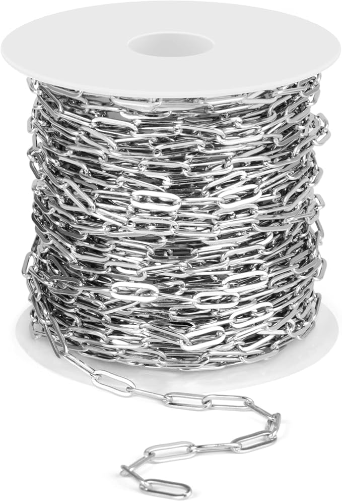 [33 Ft] Stainless Steel Paperclip Chains Roll, 3mm Width 304 Stainless Steel Oval Link Chains Spool Bulk for Jewelry Making