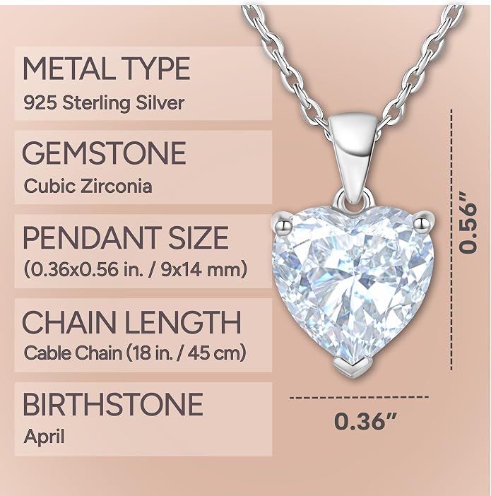 ADITA GOLD Bithstone Heart Necklace for Women with 925 Sterling Silver Chain, Simulated Birthstone Pendant, Jewelry