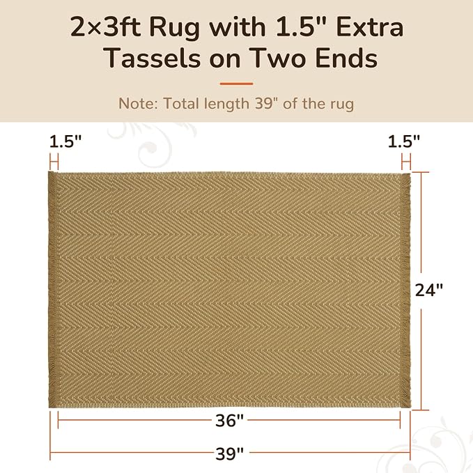 2x3 Washable Boho Area Rug with Tassels for Living Room Yellow Beige | Vacuum Friendly, Machine Washable, Non-Slip Entry Rug, Modern Farmhouse Neutral Decor Carpet, Entryway Kitchen Bathroom