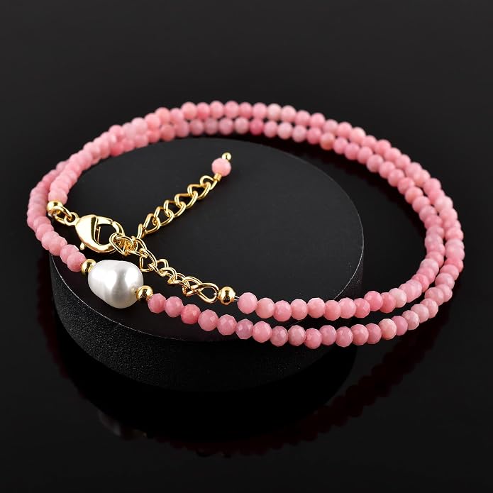 InfinityGemsArt Gemstone Gold Necklace For Women, Birthstone Natural Crystal Stone With Freshwater Pearl Beaded Jewelry, Gold Plated 18 Inch Chain