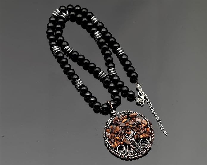 ElisaJewelryArt - Natural Amethyst Big Tree Of Life Pendant Black Onyx Stone Beaded Necklace Genuine Gemstone Feng Shui Stone Clasp Closure Necklace Unisex Necklace