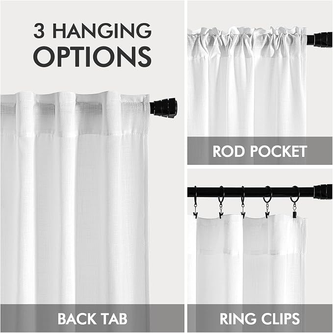 MIULEE White Linen Curtains Short 60 Inch Length 2 Panels for Kitchen Bedroom, Soft Thick Linen Textured Window Drapes Semi Sheer Light Filtering Back Tab Rod Pocket Burlap Look Decor