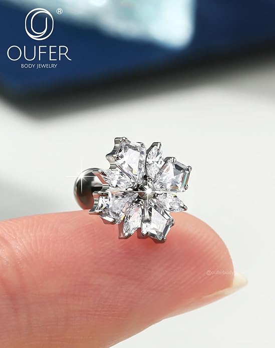 OUFER Body Piercing Titanium Cartilage Earrings 16G Flower Helix Earrings for Women Internally Thread Tragus Piercing Jewelry 8MM Conch Helix Tragus Stud Flat Back Cartilage Piercings for Women