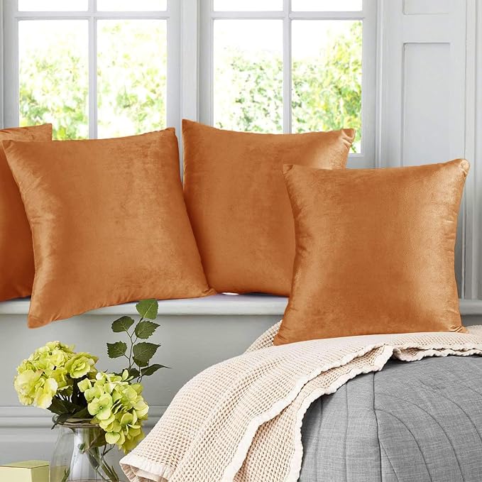 Nestl Throw Pillow Covers, Cozy Velvet Decorative Pillow Cases 24 x 24 Inches, Soft Solid Couch Pillow Covers for Sofa, Bed and Car, Set of 2 - Rust Orange Brown