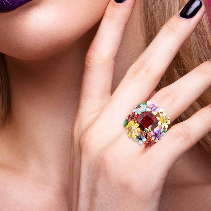 Santuzza 925 Sterling Silver Enamel Flower Ring for Women