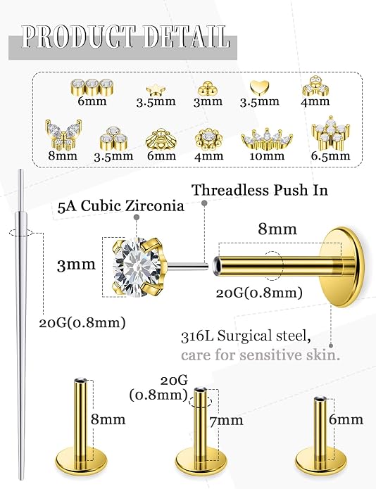 14K Gold Filled 20G 18G 16G Threadless Flat Back Earrings Studs Surgical Stainless Steel Clear CZ Push In Nose Rings Studs Tragus Helix Conch Cartilage Earrings Piercing Jewelry For Women Men