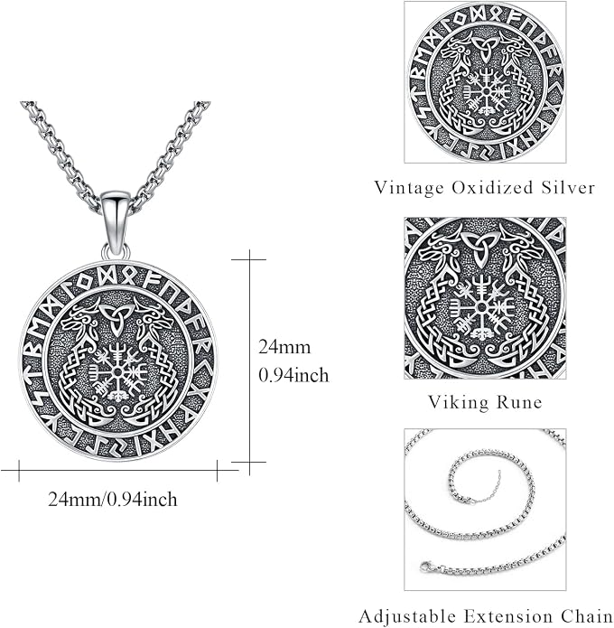 Viking Necklace for Men 925 Sterling Silver Rune Amulet Pendant Nordic Necklace Viking Jewelry Gift for Father Husband Son