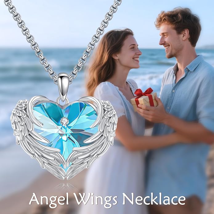 Angel Wings Necklace for Women 925 Sterling Silver Birthstone Guardian Necklace Jewelry Angel Wings Moonstone, Crystal Pendant Jewelry Gifts