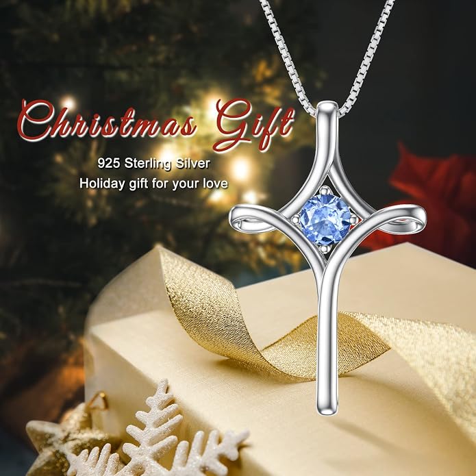 TOUPOP Cross Necklace for Women 925 Sterling Silver Birthstone Cross Pendant Fine Jewelry Anniversary Birthday Mothers Day Gifts for Mom Wife Her
