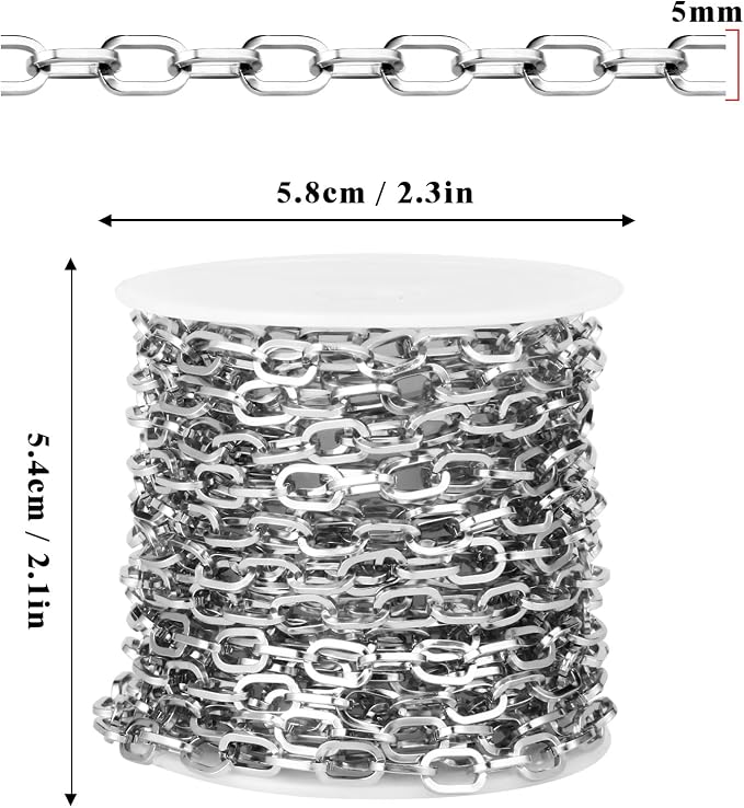 16.5FT Stainless Steel Paperclip Chains Roll, 5mm Stainless Steel Paperclip Link Chains Spool Bulk for Jewelry Making