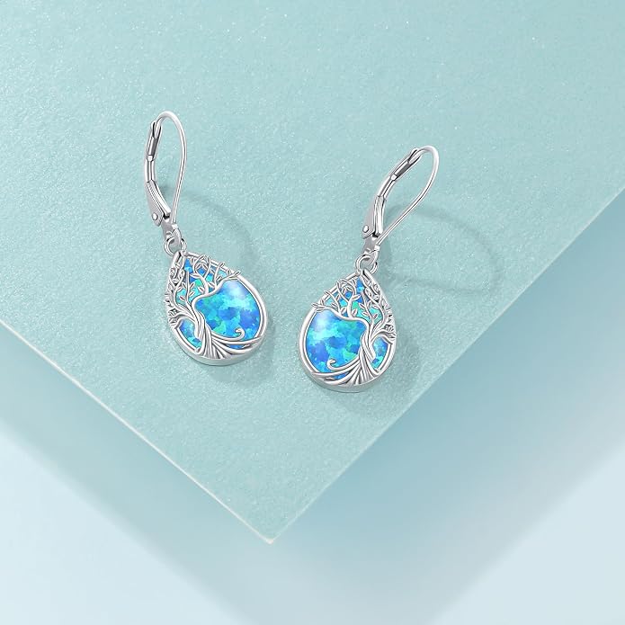 Odinstone 925 Sterling Silver Earrings Tree of Life Teardrop Moonstone Dangle Drop Leverback Earrings for Women