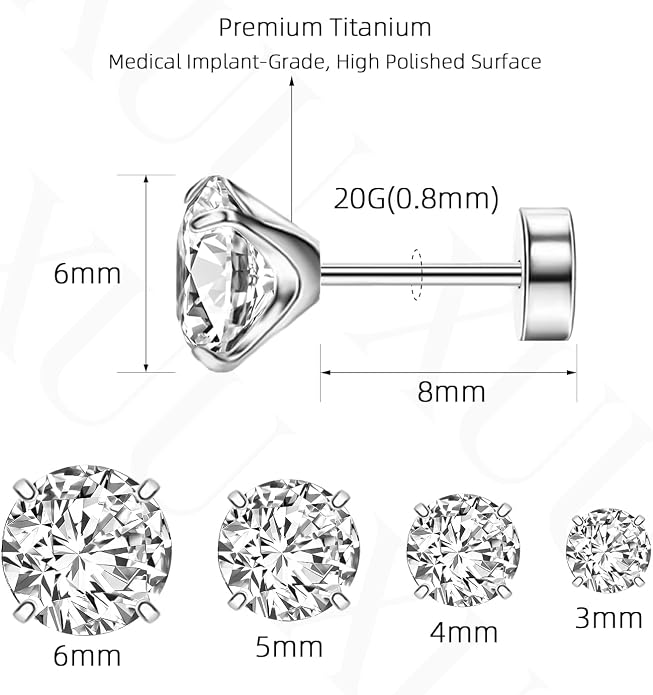 XUU Flat Back Stud Earrings, Implant Grade Titanium Earrings Set for Women, Hypoallergenic 20G Screw Back Earrings for Sensitive Ears, 3–6mm CZ Crystal, Gold Silver Black