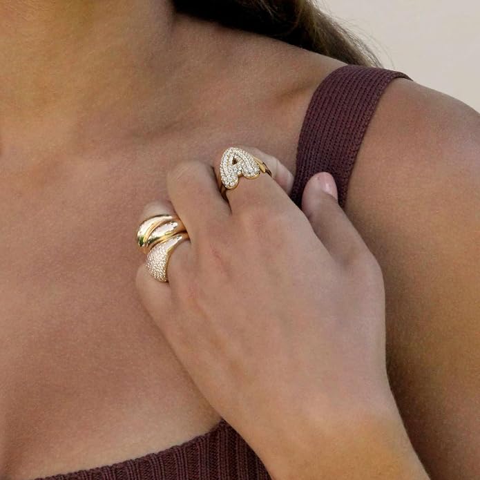 KissYan Bubble Initial Ring for Women, 14K Gold Plate Balloon Jumbo Letter Rings Open Adjustable Dainty Pave CZ Personalized Fashion Jewelry Gift for Mother's Day