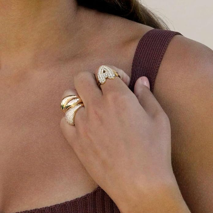 KissYan Bubble Initial Ring for Women, 14K Gold Plate Balloon Jumbo Letter Rings Open Adjustable Dainty Pave CZ Personalized Fashion Jewelry Gift for Mother's Day