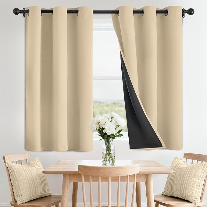 SimpleHome Beige 100% Blackout Curtains Room Darkening Living Room 36 Inch | Curtains for Bedroom,Thermal Insulated Grommet Window Drapes,Curtains for Living Room with Black Back,42 x 36 Inch,2 Panels