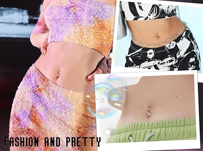 OUFER 14G Belly Rings, 9K Solid Gold Belly Button Rings, Heart Navel Rings, Internally Threaded Long Belly Piercing Jewelry for Women and Men