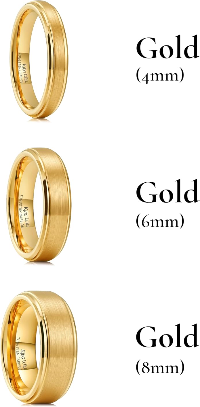 King Will Tungsten Carbide Wedding Band for Men Women-4/6/8mm Width 14K Gold Plated Tungsten Wedding Ring Matte Brushed & High Polished Style Comfort Fit Wedding Band Size 6-14