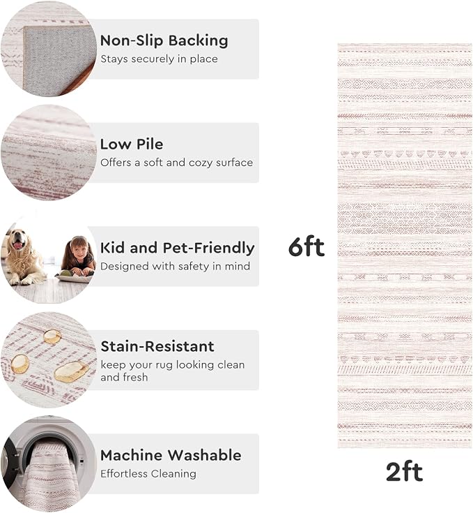 2x6 Pink Runner Rug Machine Washable Non Slip Area Rug Distressed Neutral Moroccan Boho Rug Ultra Soft Floor Runners for Hallways for Entryway Laundry Room Kitchen