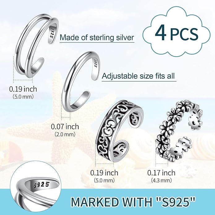 ChicSilver 925 Sterling Silver Toe Ring Minimalist Hypoallergenic Adjustable Band Ring Summer Beach Bare Foot Jewelry