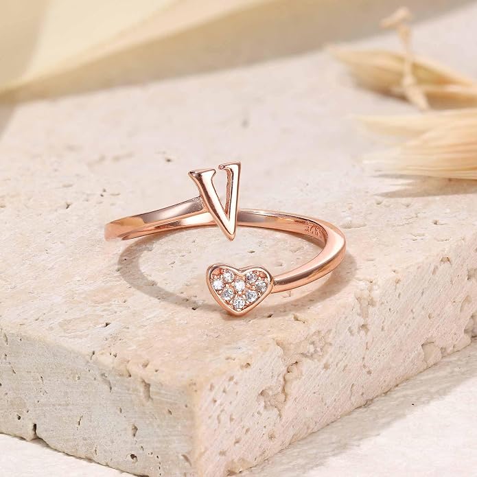 MILACOLATO 925 Sterling Silver Initial Rings for Women Teen Girl 18K Gold Plated Heart Initial Rings Adjustable Capital Letter Ring Stackable Thumb Pinky Rings for Daughter Birthday Bridesmaid Gifts Jewelry, A to Z
